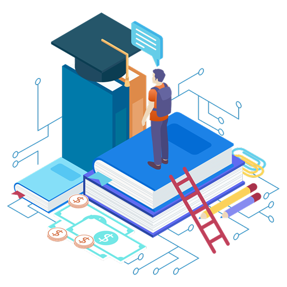 A person standing on a stack of books next to a graduation cap, with digital elements in the background.
